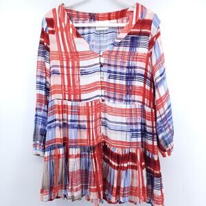 Maeve Boho Lagom Lila Red White Blue Plaid Tiered Tunic Ruffle Hemline Flowy| M